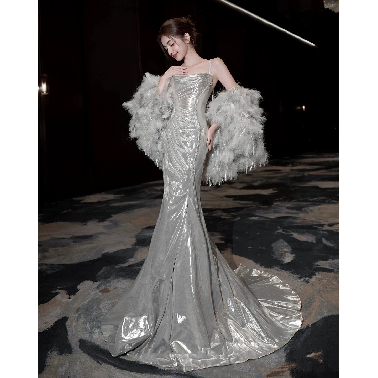Flamboyant Women's Mermaid Spaghetti Strap With Cape Maxi Dress Date Night Evening Outfit Formal Prom Dresses RB5263