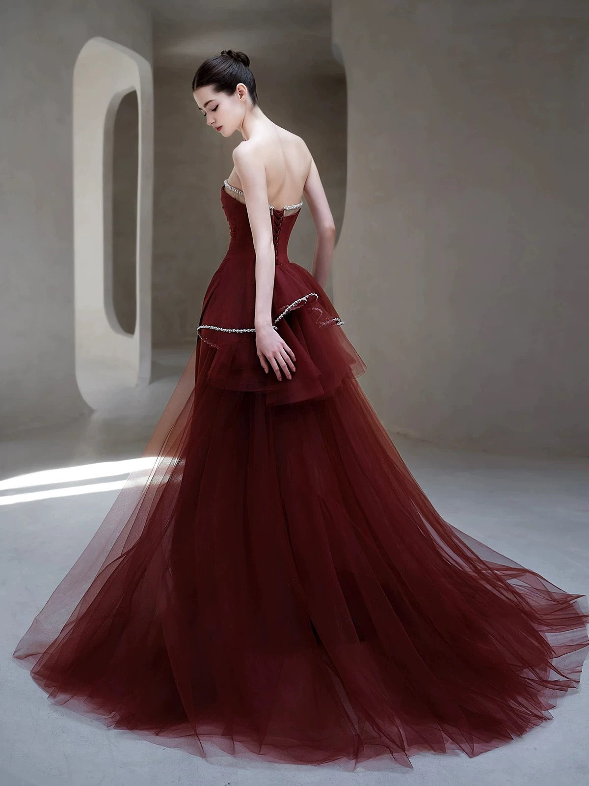 Classy Women's Mermaid Strapless Burgundy Tulle Maxi Dress Date Night Outfits Semi Formal Prom Dresses RB5200