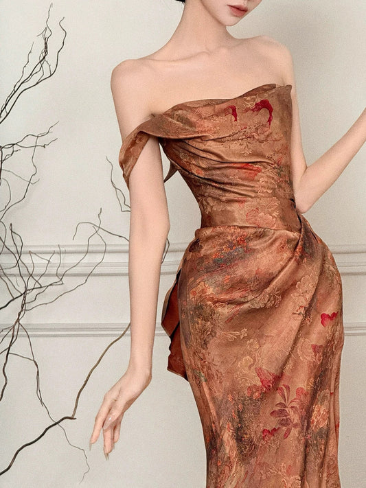 Beautiful Women's Mermaid Strapless Brown Satin Maxi Dress Date Night Outfits Semi Formal Prom Dresses RB5208