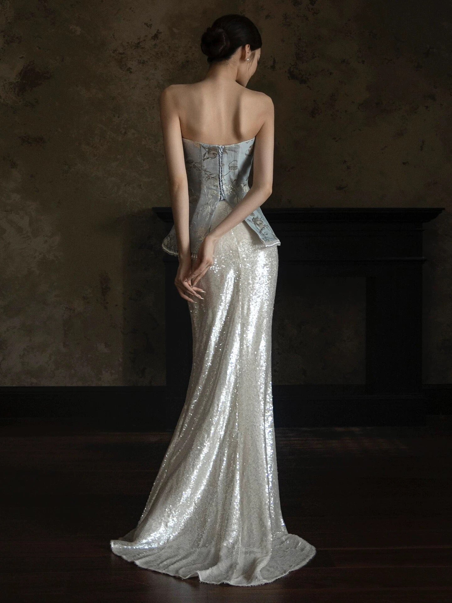 Sparkly Mermaid Strapless Sequined With Beading Long Prom Evening Dresses Inspo Evening Outfits RB5212