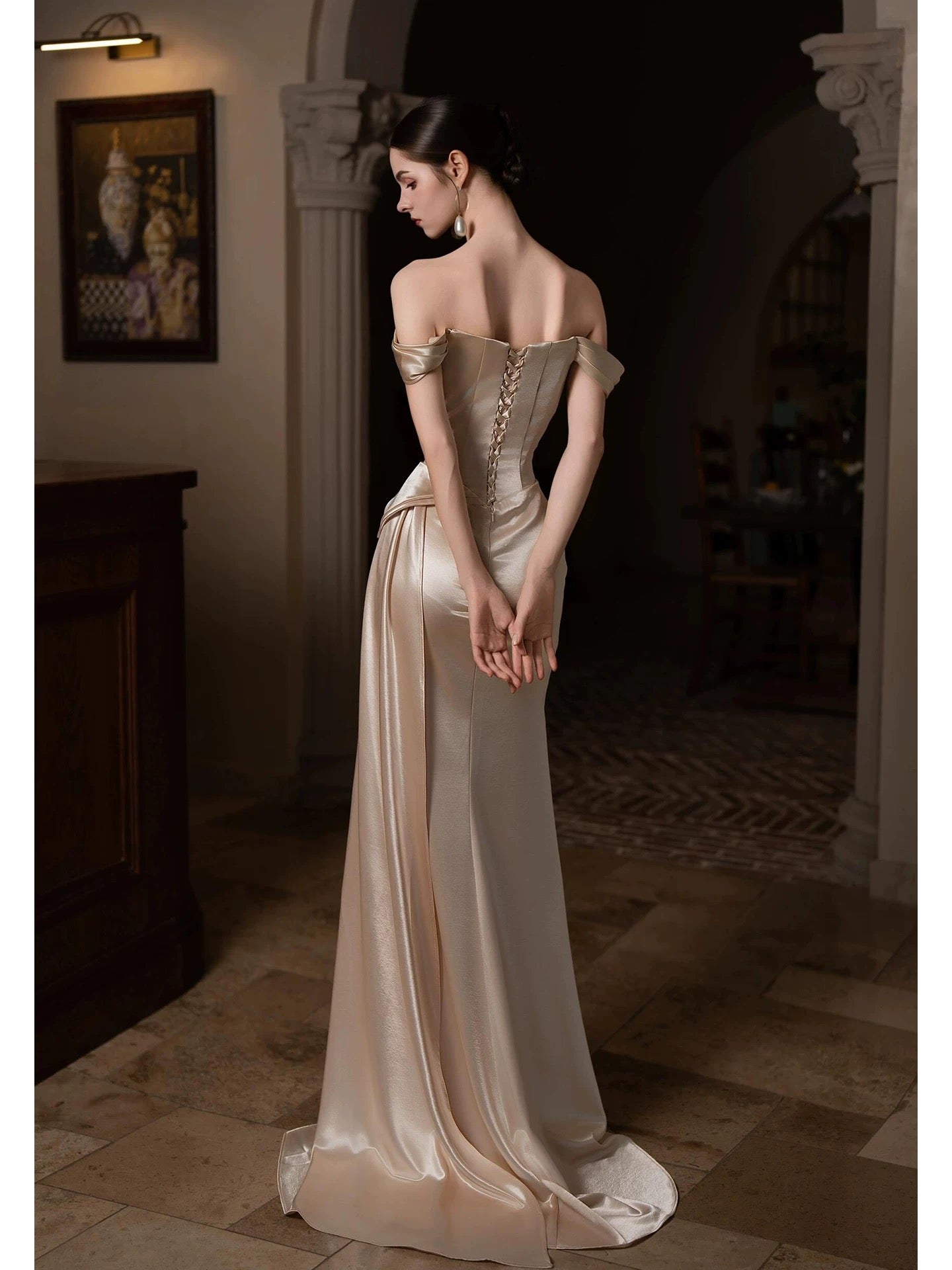 Trendy Mermaid Off The Shoulder Gold Satin With Ruched Prom Dresses Evening Long Formal Party Outfits RB3748