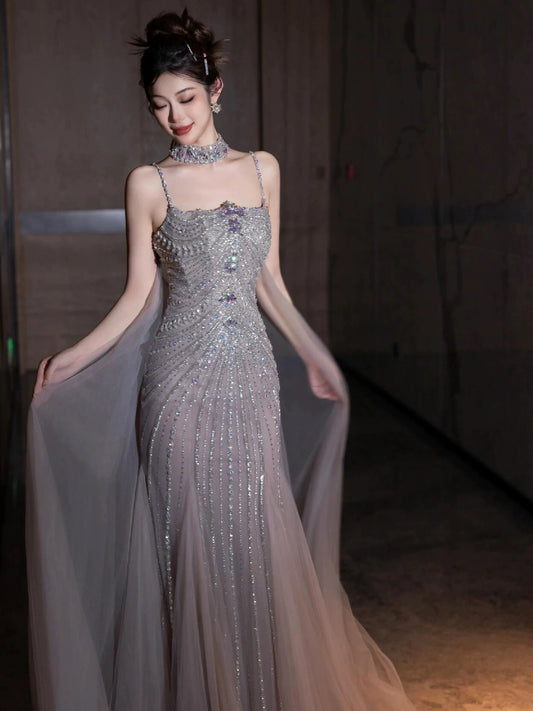 Glam Mermaid Spaghetti Strap Tulle Grey Prom Dresses Evening Long Semi Formal Dress RB3753