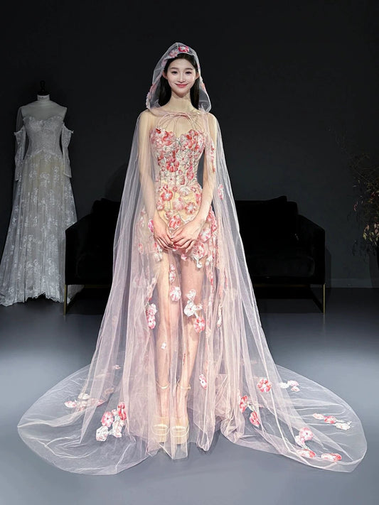 Glam Mermaid Floral Pink Tulle Prom Dresses Evening Long Semi Formal Dress RB3754