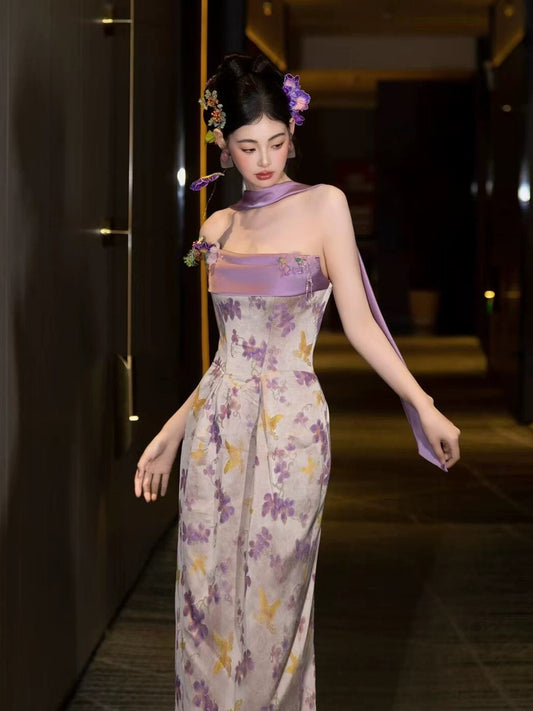 Unique Mermaid Strapless Lilac Satin With Scarf Date Night Outfits Semi Formal Prom Wedding Guest Dresses RB5344
