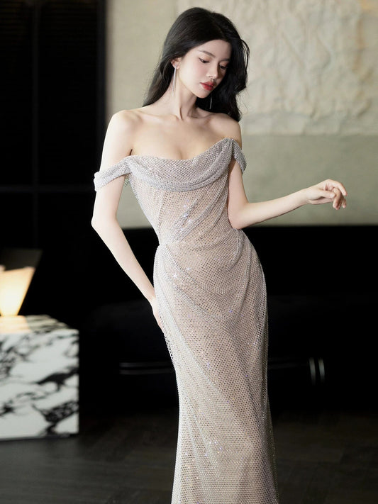Sparkly Mermaid Off The Shoulder Champagne Sequin Date Night Outfits Semi Formal Prom Wedding Guest Dresses RB5349