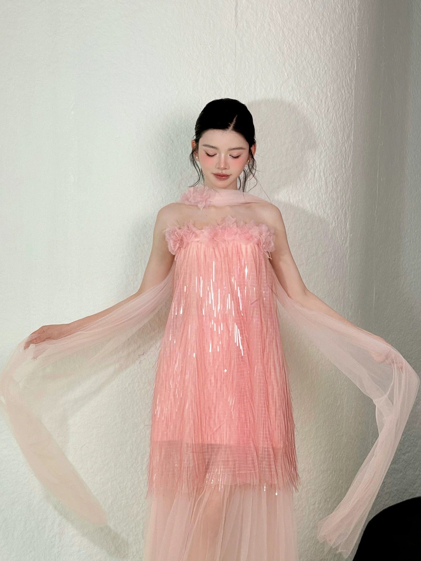 Beautiful A line Strapless Pink Sequin With Scarf Date Night Outfits Semi Formal Prom Gown Evening Dresses RB5353