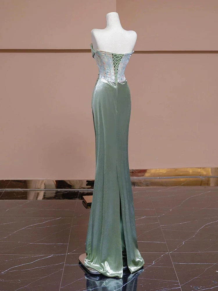 Modest Mermaid Strapless Mint Green Satin With Ruffled Date Night Evening Outfit Formal Prom Dresses RB5356
