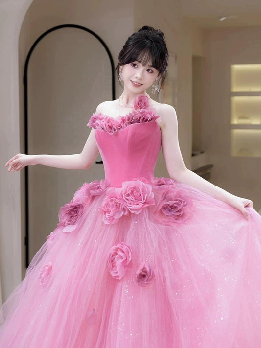 Princess Ball Gown Strapless Pink Tulle With 3D Flowers Date Night Evening Outfit Formal Prom Dresses RB5357