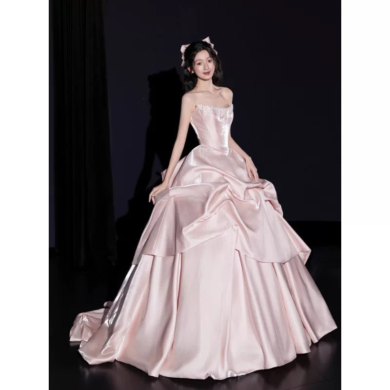 Cute Ball Gown Strapless Pink Satin Sweet 16 Dresses Quinceanera Dress Long 15 Vestidos De Fiesta N2027