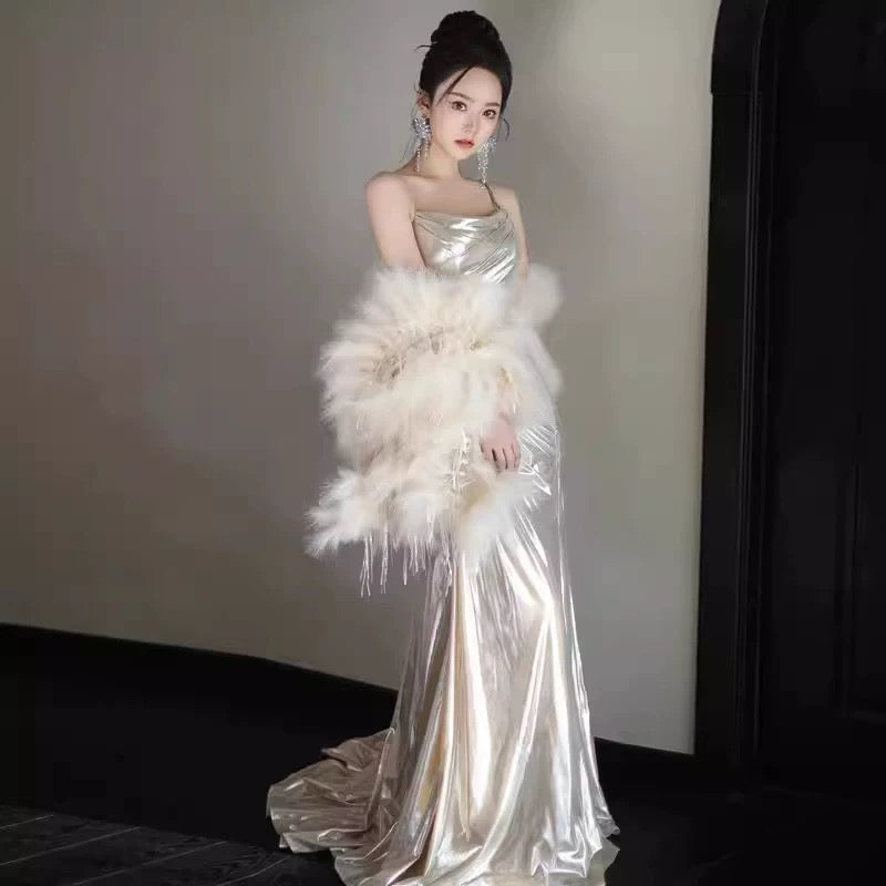 Élégante robe de soirée sirène longue à bretelles spaghetti et volants Robes de bal N2033