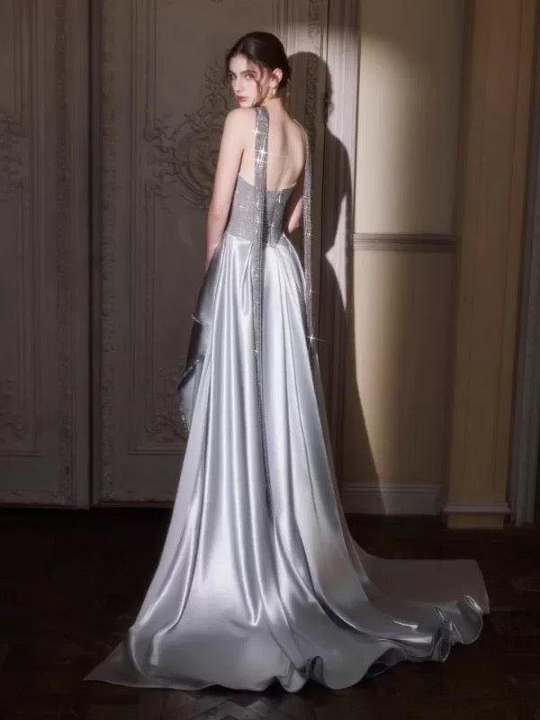 Elegante Meerjungfrau Herz-Ausschnitt Silbergrau Mit Rüschen Langes Partykleid Ballkleid N2034