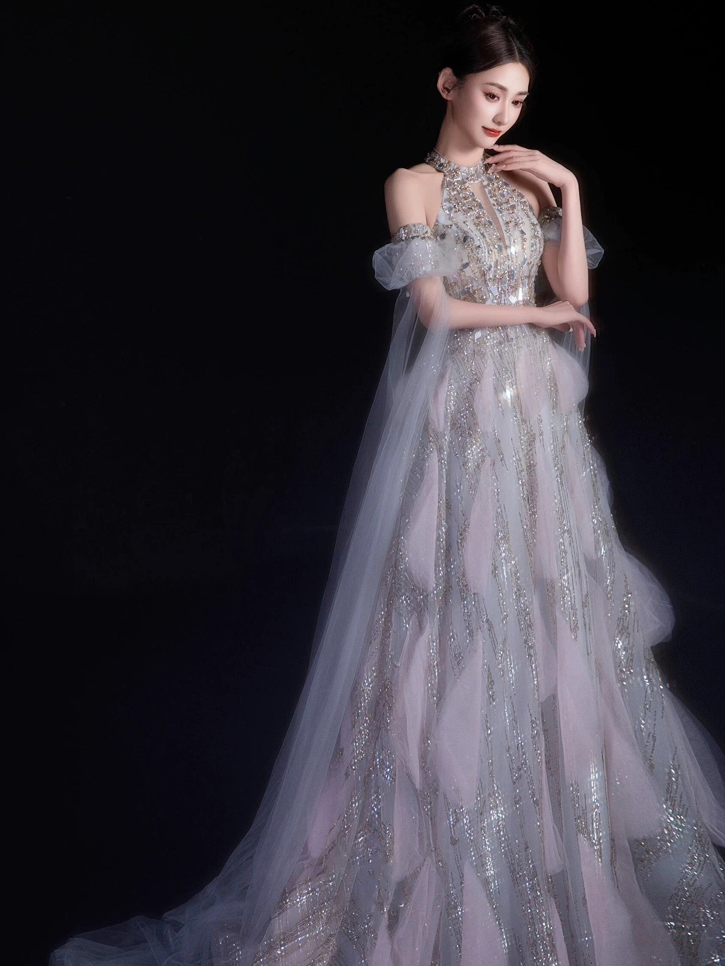 Robe de soirée sexy pour femme, coupe trapèze, col montant, sequins lilas, manches longues, robe de bal, tenue de soirée, robe tendance N1810