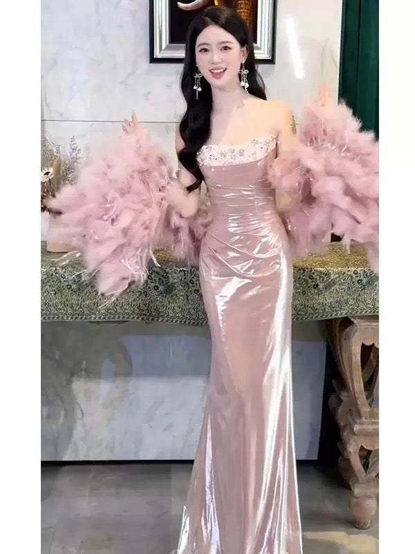 Robe de soirée sexy sirène à bretelles spaghetti rose longue, robe de bal, tenue de soirée, robe tendance N1817