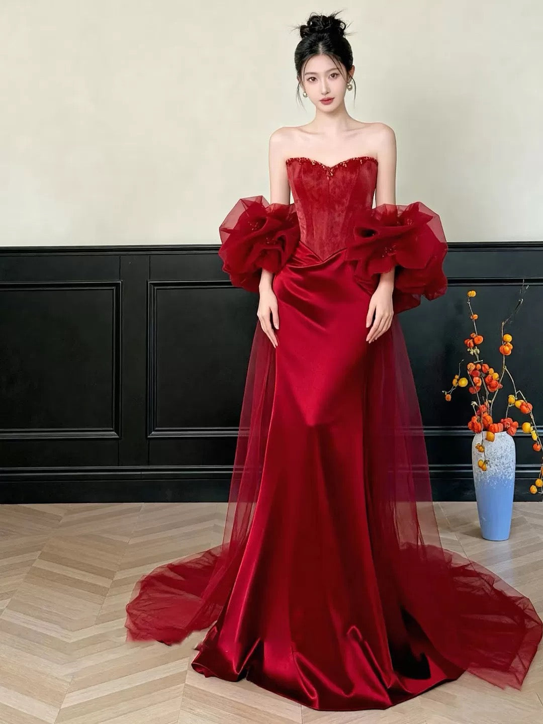 Sexy Meerjungfrauen-Abendkleid aus rotem Tüll und Spitze, langes Ballkleid, Partykleid, Modekleid N1820