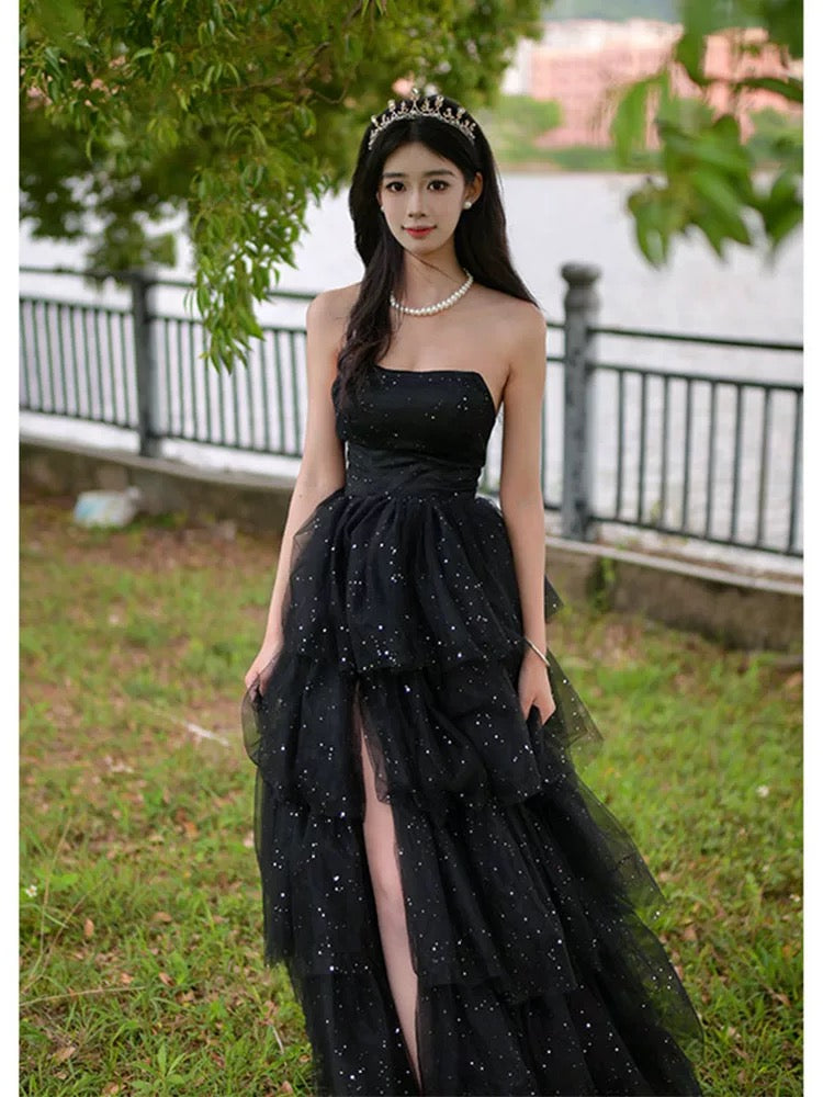 Robe de soirée longue fendue en tulle noir bustier style princesse mignon N2035