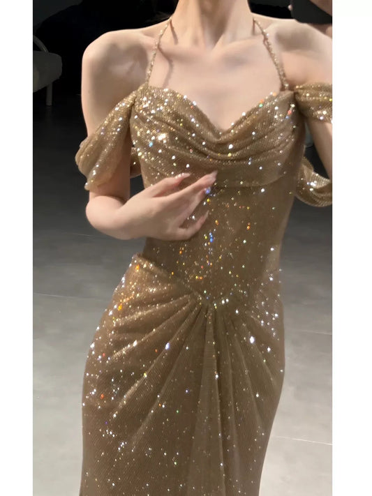 Sexy Women Mermaid Off The Shoulder Gold Sequin Long Prom Gown Party Wear Fashion Dresses N2044