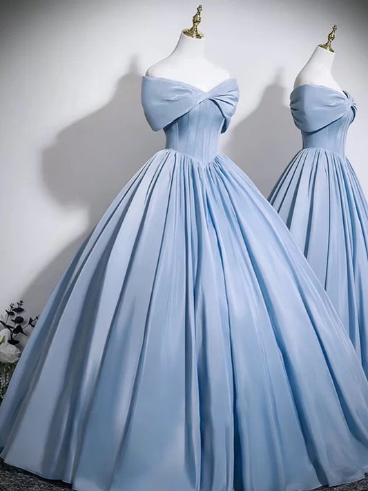 Cute Ball Gown Off The Shoulder Blue Satin Sweet 16 Dresses Quinceanera Dress N2045