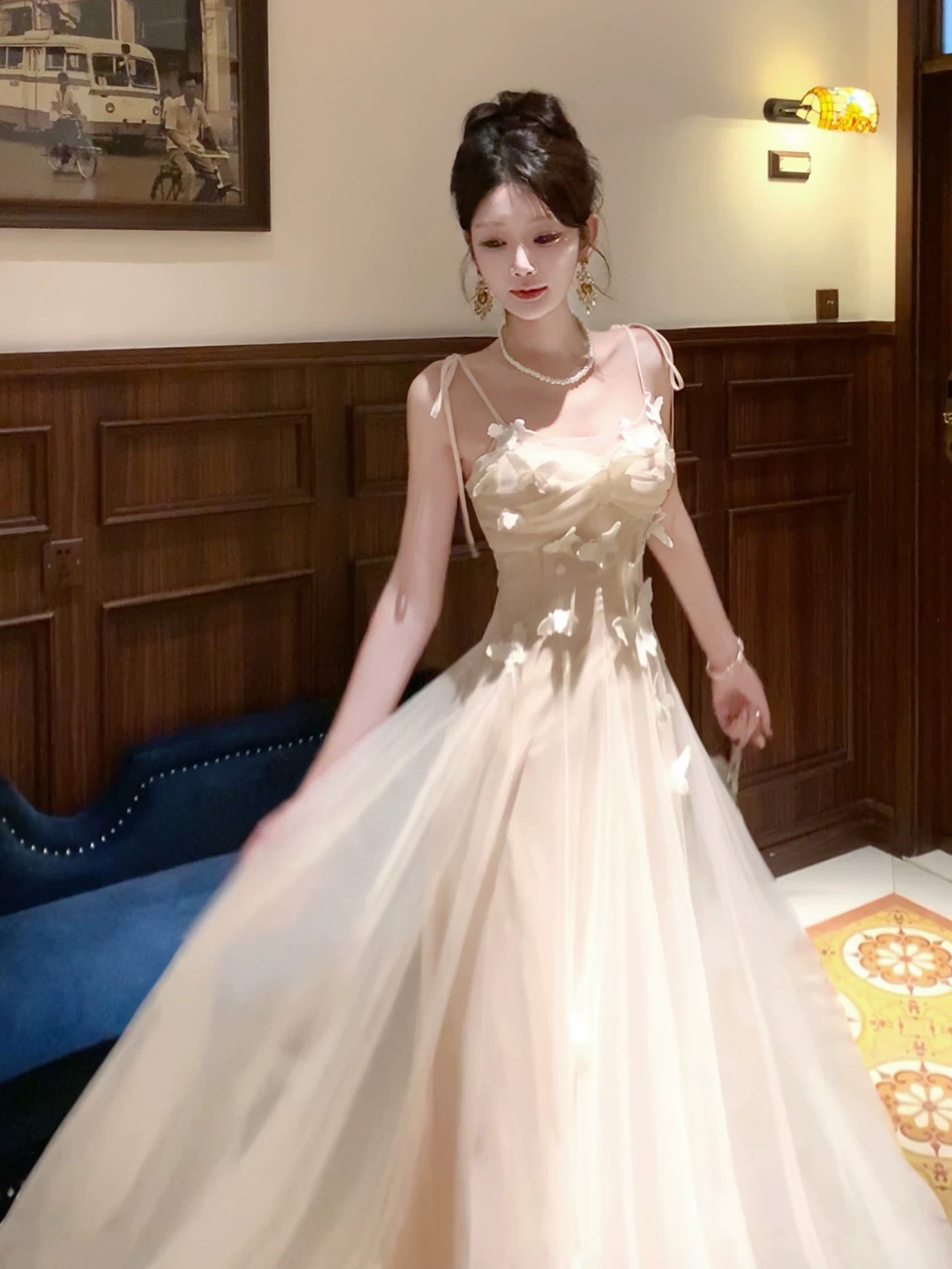 Robes de bal longues pour femmes, style français modeste, bretelles spaghetti, tulle, ligne A, tenues de soirée formelles N2075