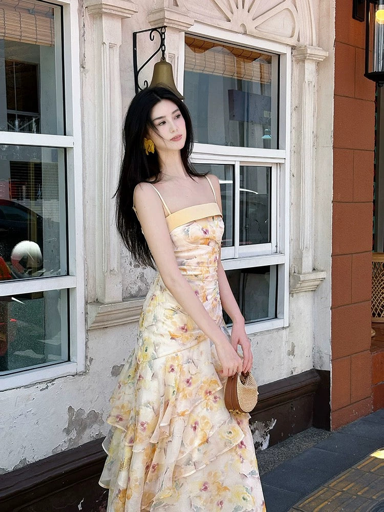 Robe de soirée longue jaune en mousseline florale, coupe sirène, style français modeste, bretelles spaghetti, pour femmes, N2078