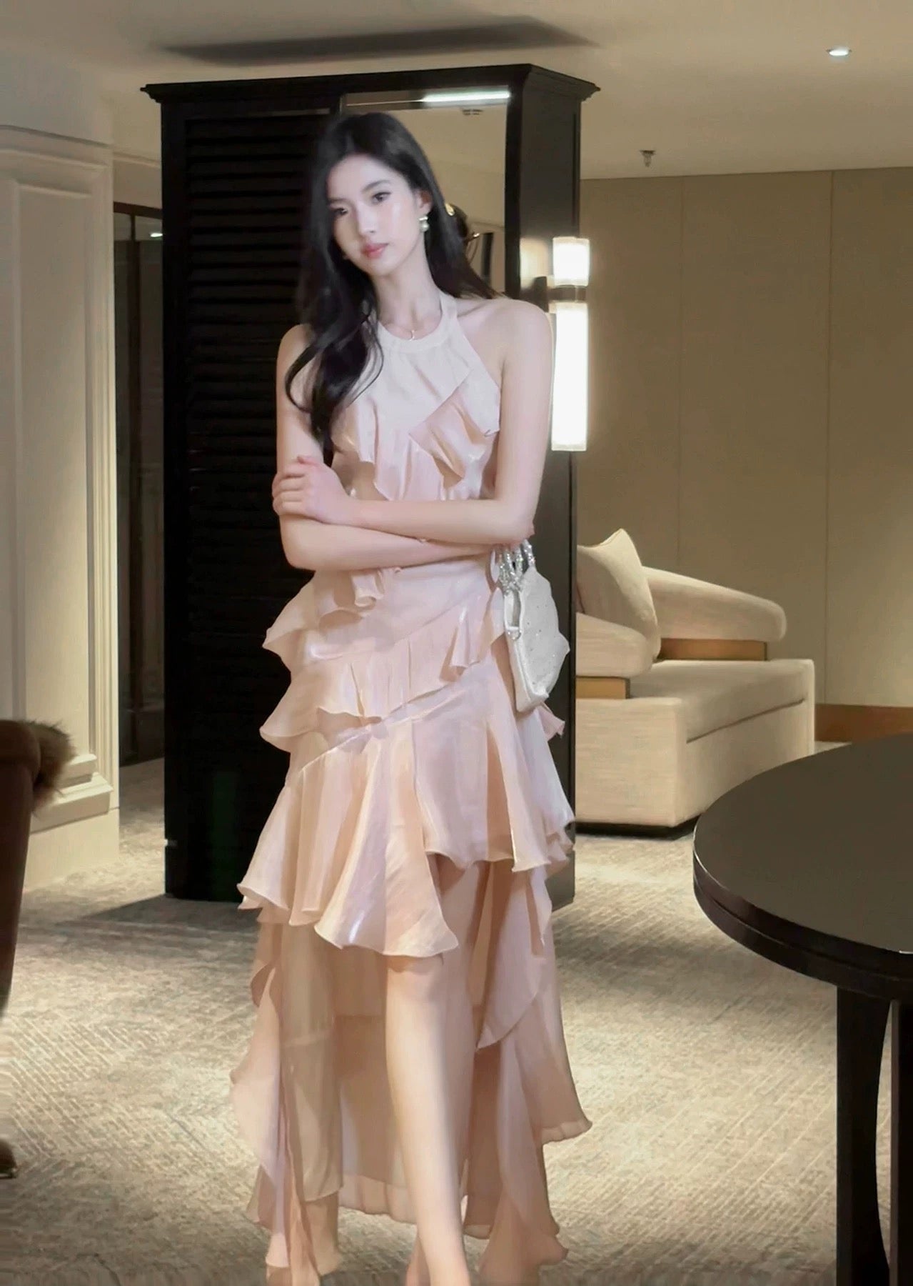 Robes de Bal Longues Formelles pour Femmes, Couches Superposées Roses, Style Français Modeste, Col Rond, Coupe Trapèze N2098