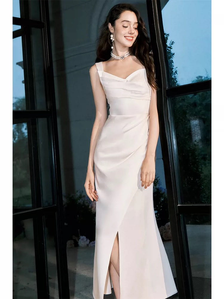 Robes de Soirée/Demoiselle d'honneur Simples Sirène Col Cœur Satin Blanc Inspirantes Fendues N2100