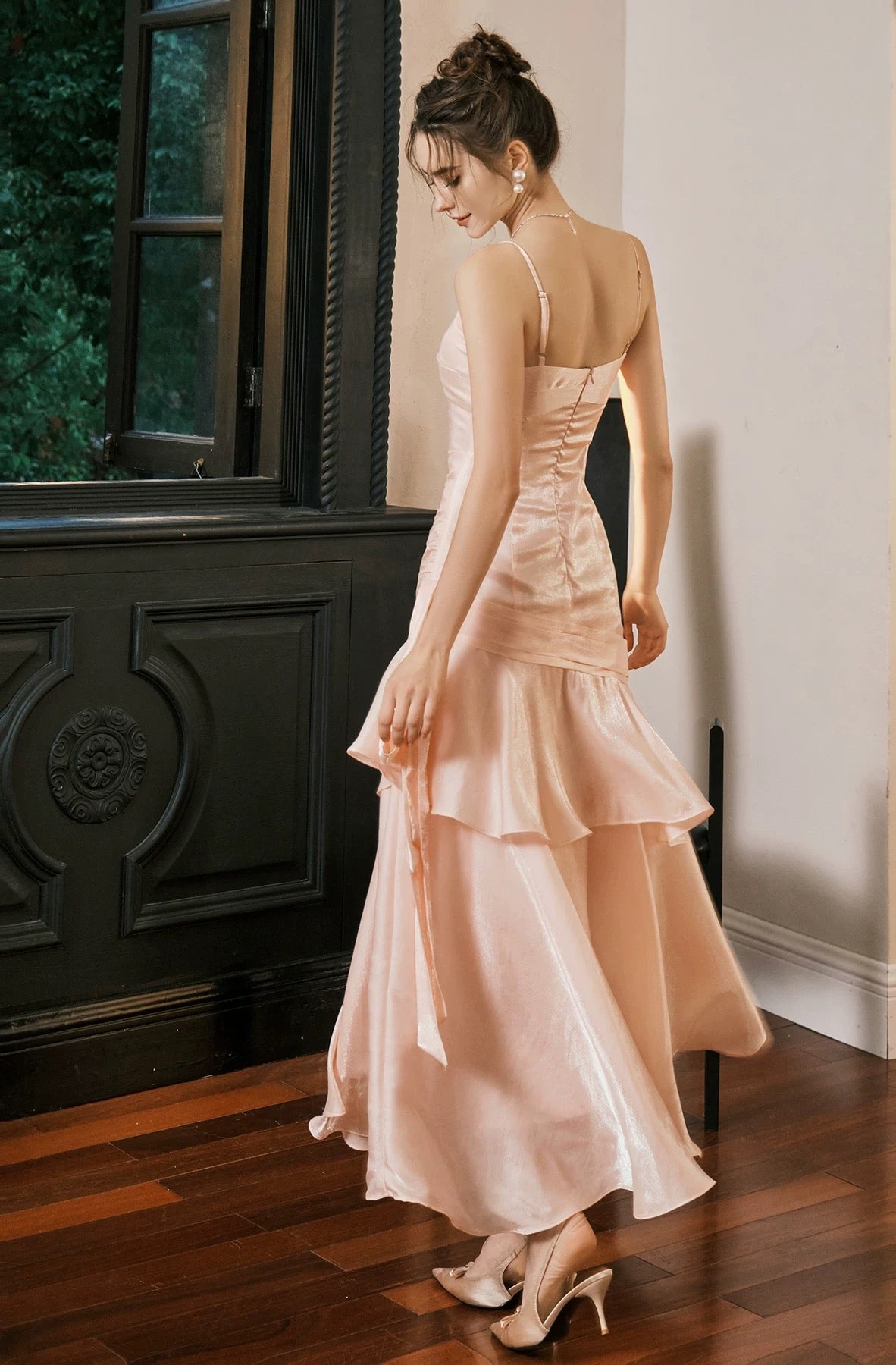 Einfaches Meerjungfrau-Spaghettiträger-Blush-Pink-Satin-Inspiration langes Party-Ballkleid N2103