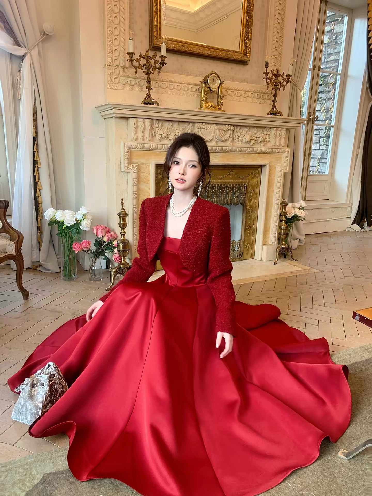 Schlichtes A-Linien-Kleid mit eckigem Ausschnitt aus Satin, burgunderrot, für Hochzeitsgäste, Abschlussball, N2105