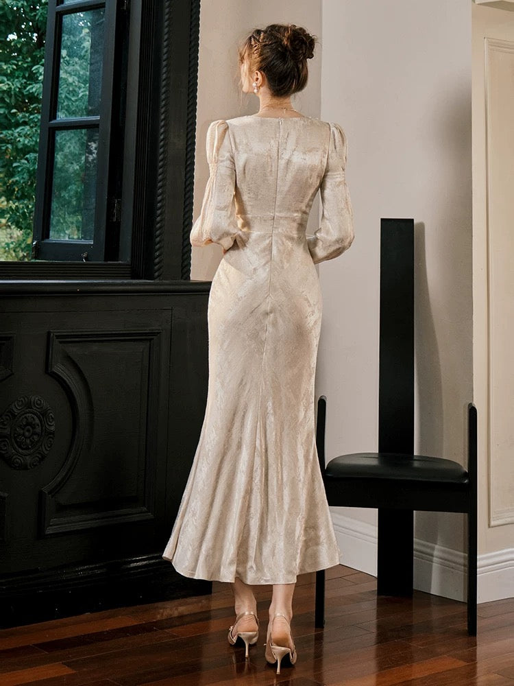 Robes de soirée de bal pour invitées de mariage en satin simple col en V sirène, longueur ras du sol, inspiration N2109