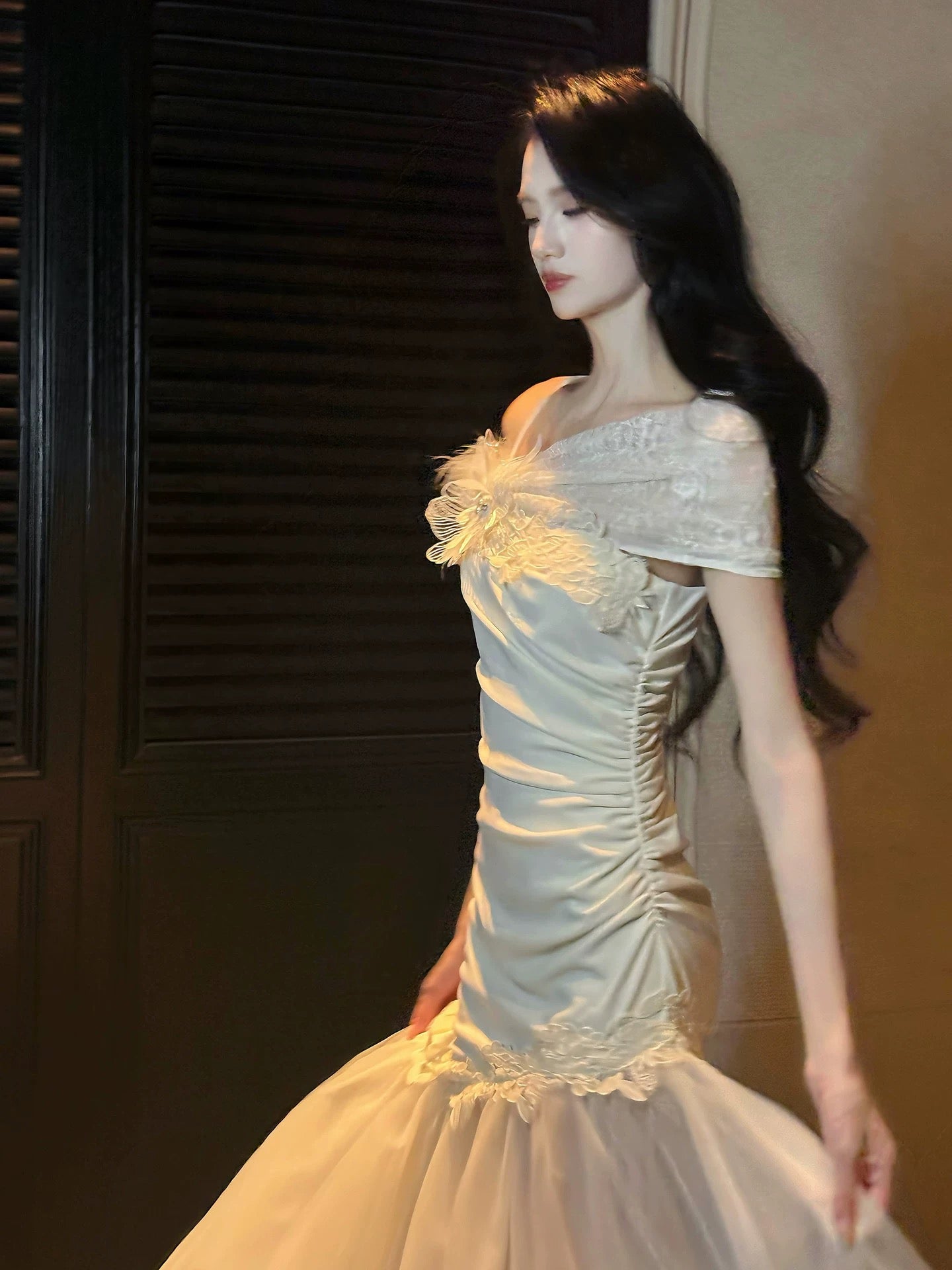 Modeste Robe de Bal Longue Sirène en Dentelle Blanche Style Français pour Femmes N2110
