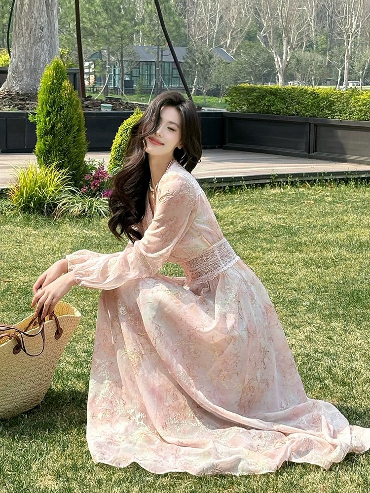 Elegante A-Linie V-Ausschnitt Rosa Chiffon Frühling Sommer Garten Inspiration Hochzeitsgastkleider N2196