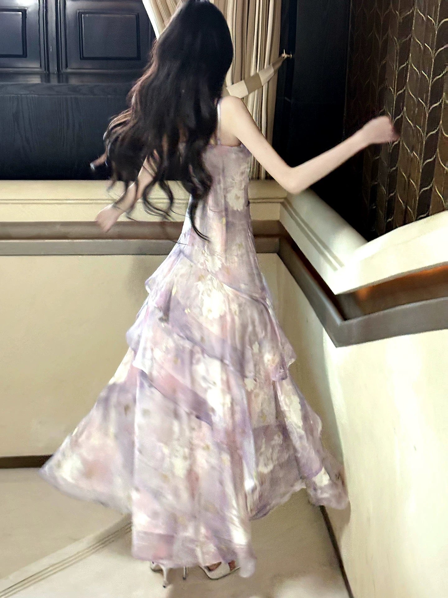 Élégante robe longue en mousseline de soie lilas à bretelles spaghetti et imprimé floral pour femmes, jeunes filles et adolescentes, robe de bal N2212