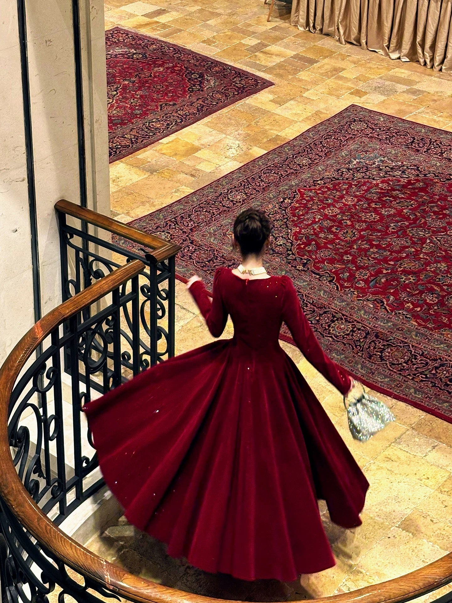 Robe de bal d'été N2218, style français, ligne A, col carré, manches longues, bordeaux, pour femmes et adolescentes