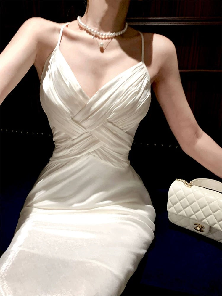 Sexy Mermaid Spaghetti Strap White Chiffon Sleeveless Date Night Outfit Outdoor Semi Formal Long Wedding Guest Dresses RB5039