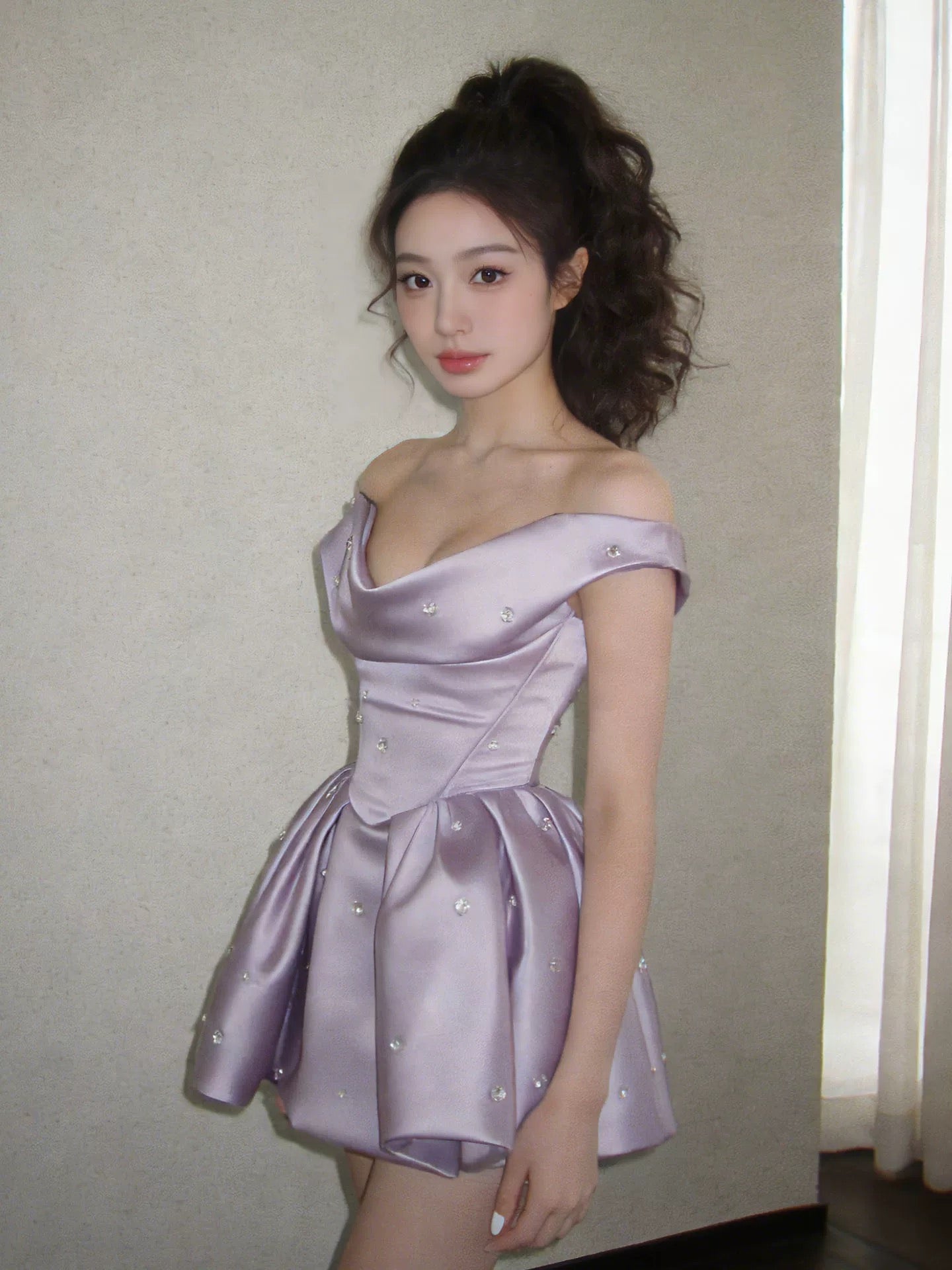 Robe de bal vintage épaules dénudées en satin lilas court, inspiration années 2000, robes de bal de promo, robe de soirée N1668