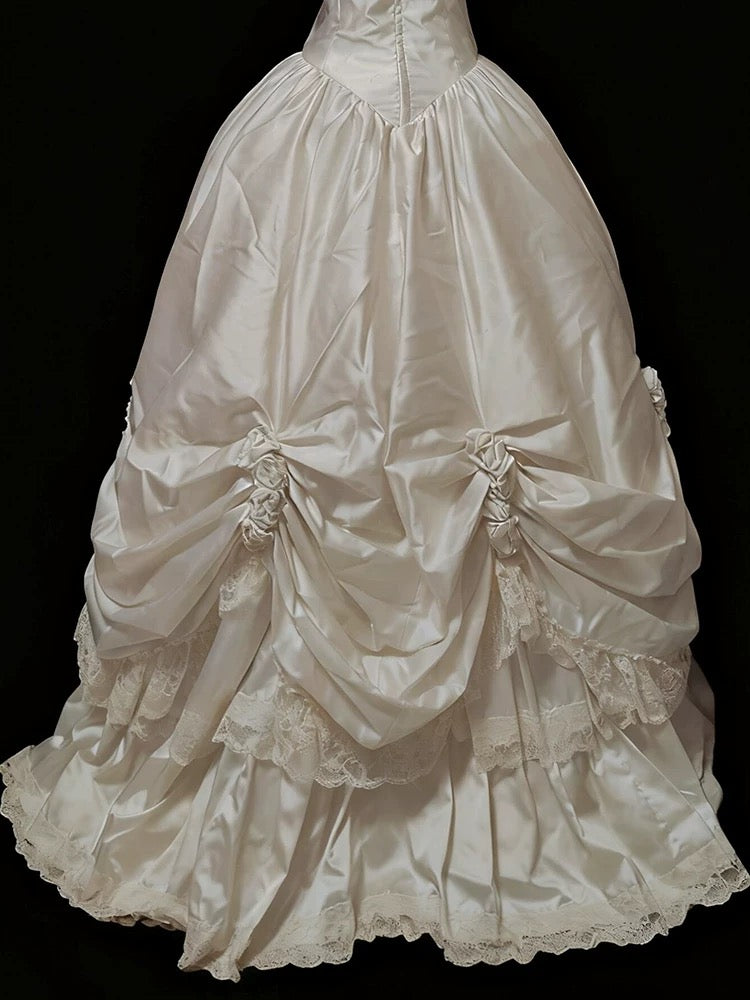 Robes de Mariée Style Français Robe de Bal Épaules Dénudées Satin Longue Robe de Mariée Jardin d'Été N4139