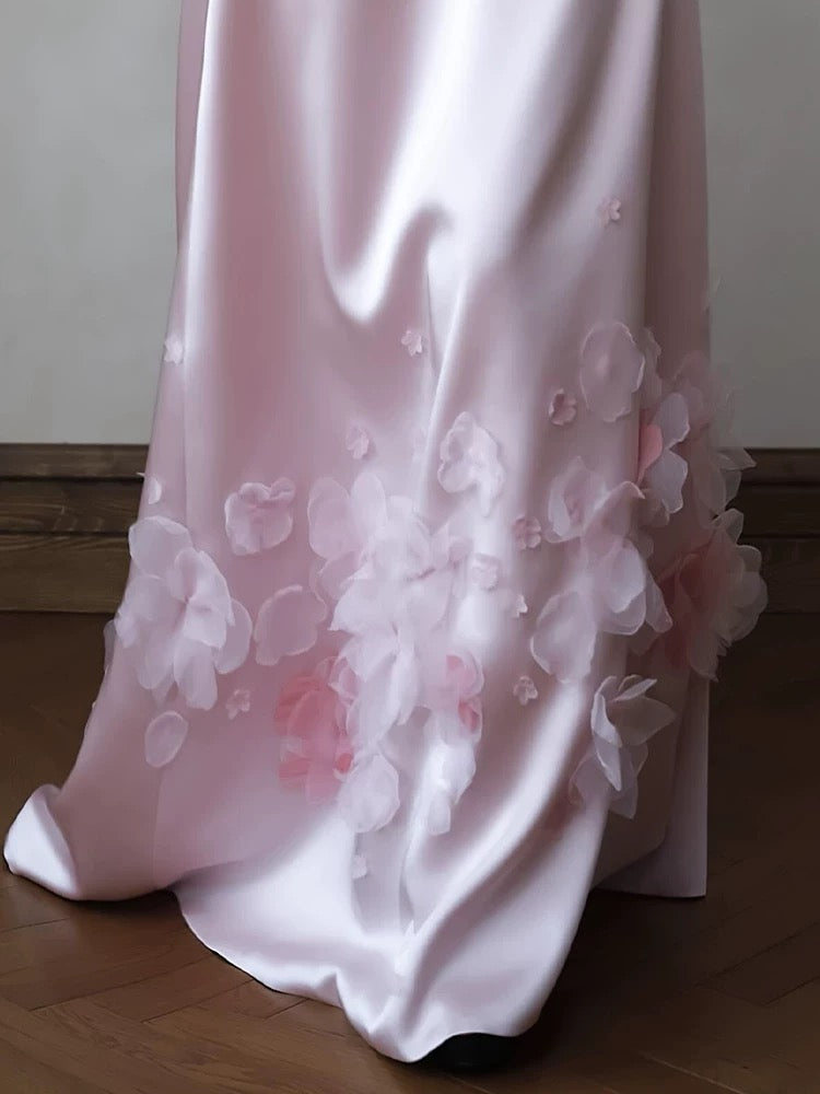 Classic A Line Sweetheart Pink Satin With Ruffles Flowers Inspiration Long Wedding Guest Dresses N1685