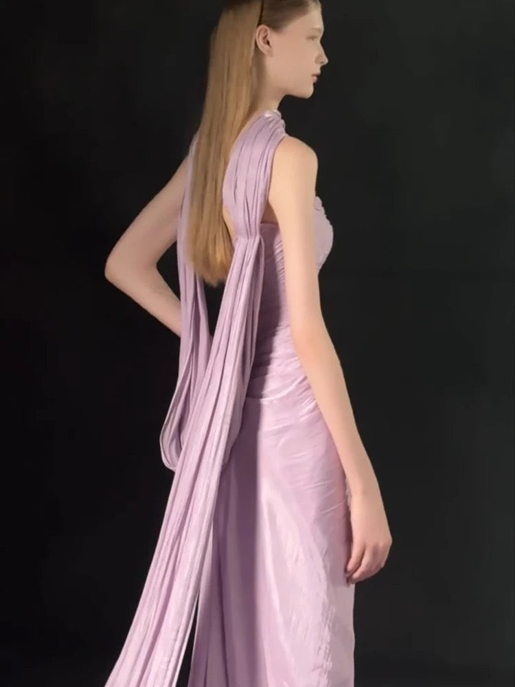 Robe longue d'invitée de mariage classique sirène en satin lilas avec volants et foulard, inspiration N1687