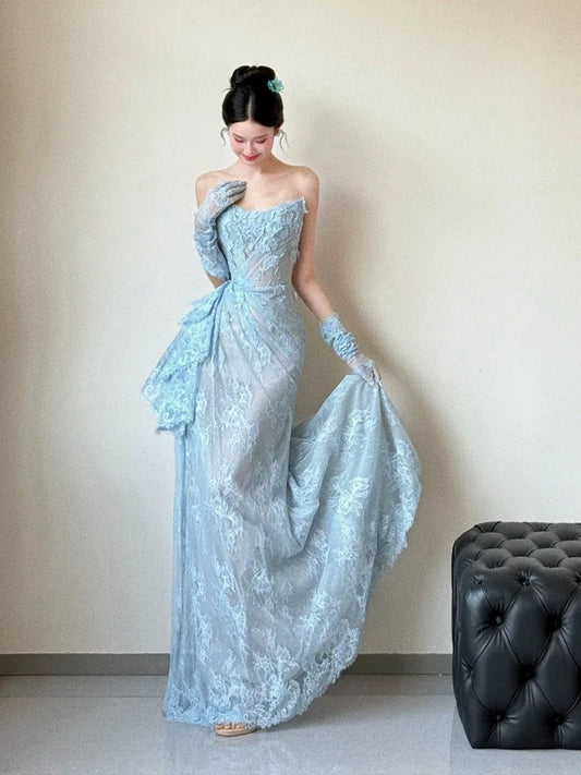 Beautiful Mermaid Sweetheart Blue Lace With Gloves For High Schools Teens Prom Dresses Graduation Dress N1689