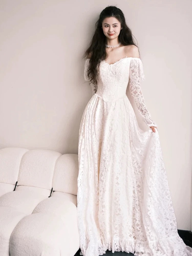 Robe de mariée féerique, style A, épaules dénudées, dentelle, manches longues, référence N1691