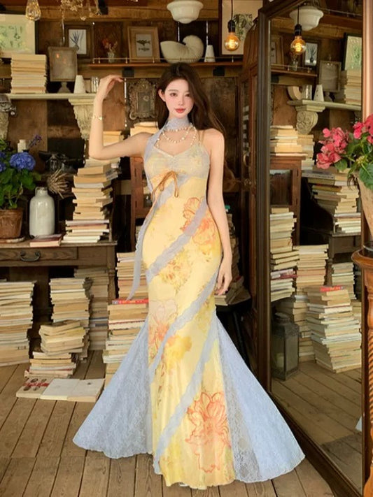 Modest Mermaid Spaghettiträger-Ideen für Frauen Gelbe lange Geburtstagskleider Party Urlaub Sommer Outfits N3144