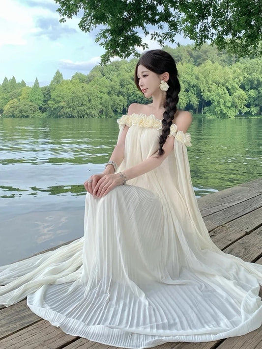Einfaches A-Linien-Kleid schulterfrei aus weißem Chiffon – Ideen für Damen, lange Geburtstagskleider, Strandurlaub, Sommer-Outfits N3149