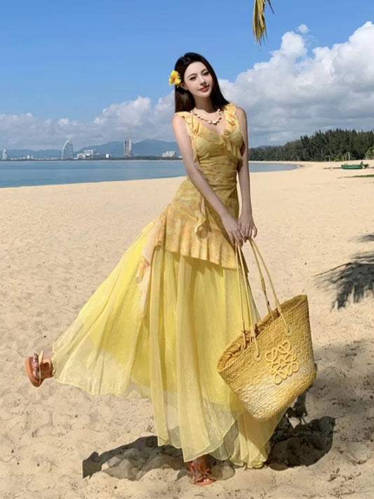 Bescheidene Meerjungfrau V-Ausschnitt Gelbes florales Chiffon Ideen für Frauen Lange Geburtstagskleider Strandurlaub Sommer Outfits N3152