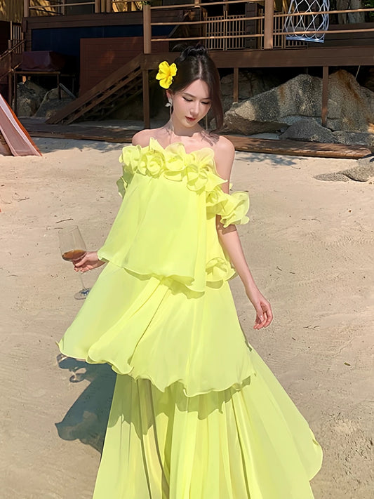 Schlichtes A-Linien-Kleid mit Carmenausschnitt aus gelbem Chiffon – Ideen für Damen – Lange Geburtstagskleider, Strandurlaubs-Sommer-Outfits N3155