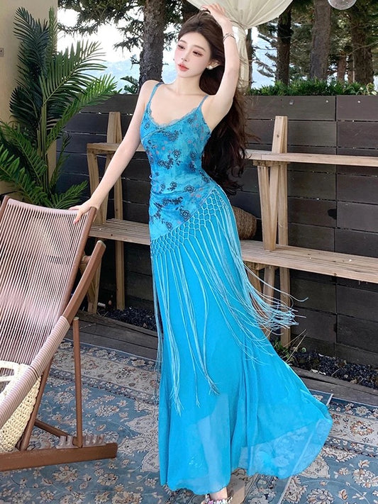 Einfache Meerjungfrau Spaghettiträger Blau Chiffon Ideen für Damen Lange Geburtstagskleider Strandurlaub Sommer Outfits N3156
