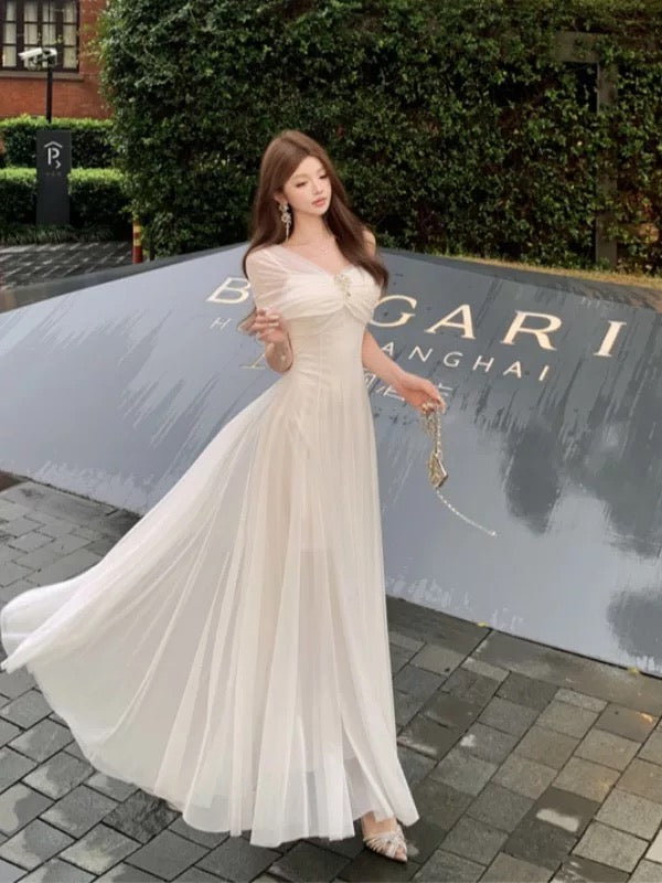 Modest Prom Dresses A Line Off The Shoulder White Chiffon With Sleeves Long Formal Dress N3158