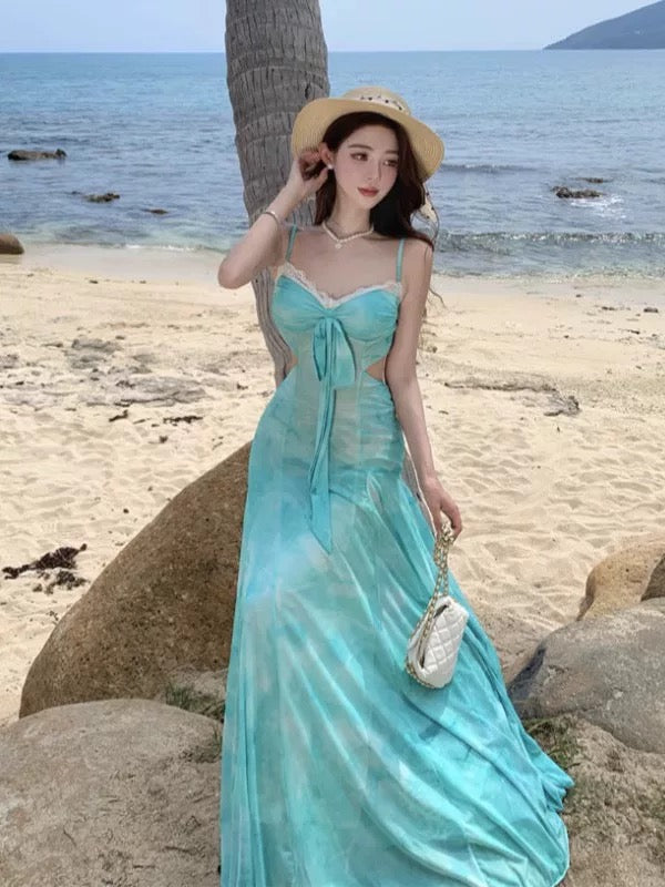 Sexy Mermaid Spaghetti Strap Blue Backless Beach Holiday Outfits Chiffon Long Date Night 19th Birthday Outfit Formal Dresses RB5728