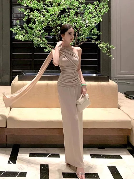 Modest Mermaid One Shoulder Champagne With Ruffled Date Floor Length Night Evening Outfit Formal Prom Dresses RB5665