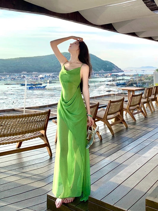 Mystical Mermaid Spaghetti Strap Green Chiffon Backless Date Night Outfits Formal Prom Gown 18th Birthday Dresses RB5674