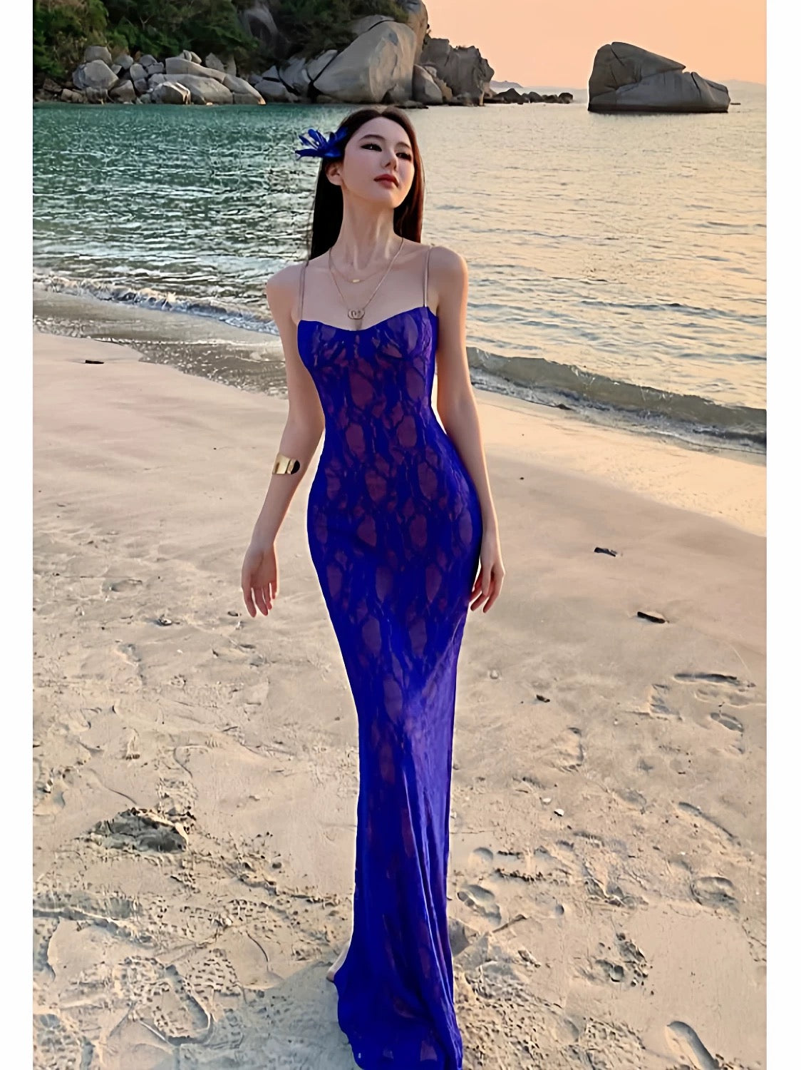 Sophisticated Mermaid Spaghetti Strap Royal Blue Lace Date Night Outfits Formal Prom Gown Birthday Dresses RB5663