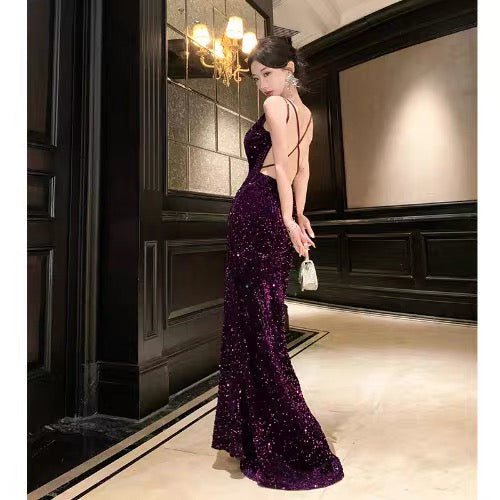 Sexy Mermaid Spaghetti Strap Grape Sequin Date Backless Night Evening Outfit Formal Prom Dresses RB5367